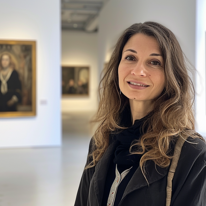 Porträt einer jungen Frau in einem Kunstmuseum, vor Gemälden posierend, optimiert für Webzugänglichkeit